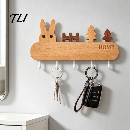 Heavy Duty Screw Fixation Hooks Wooden Key Holder with 5 Hooks, Cartoon House Theme Organizer, Multi Entryway Wall Storage Purpose Hanging Rack