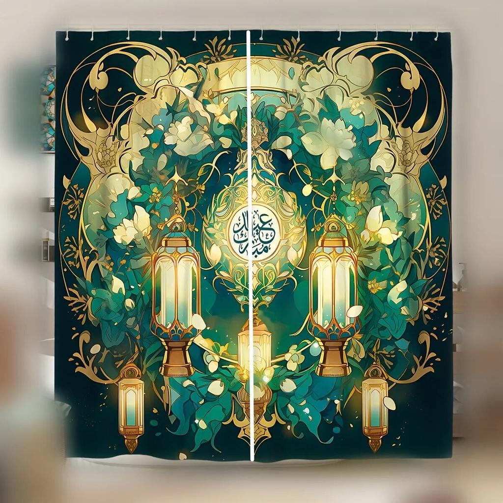2pcs Translucent Polyester Window Curtain Ramadan Lamp Arch Moon Star Lantern Holiday Decor Living Room Bedroom Office Home