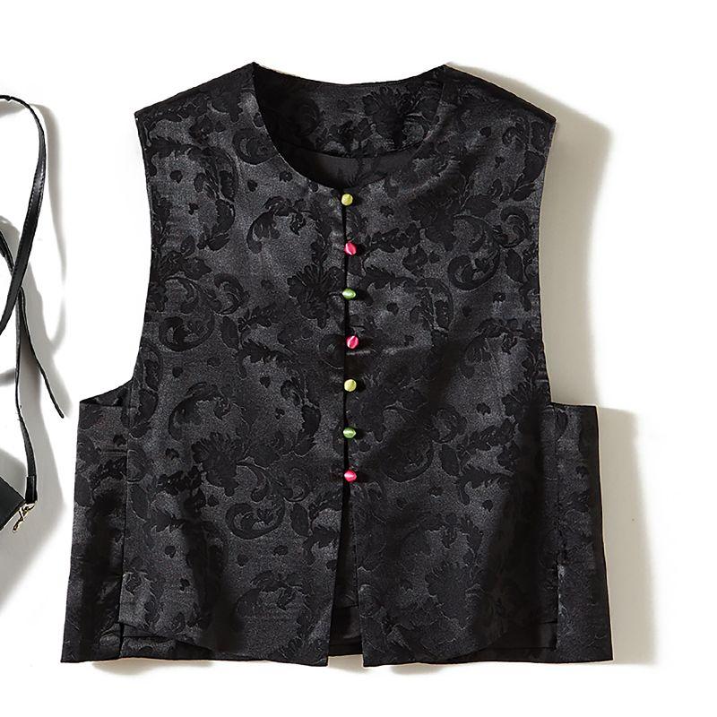 

Small Body and Big Craft! Chinese Top Luxury I-Shaped Embroidered Digital Texture Poplin Cotton Vest Female Spring and Autumn Coat New Black L