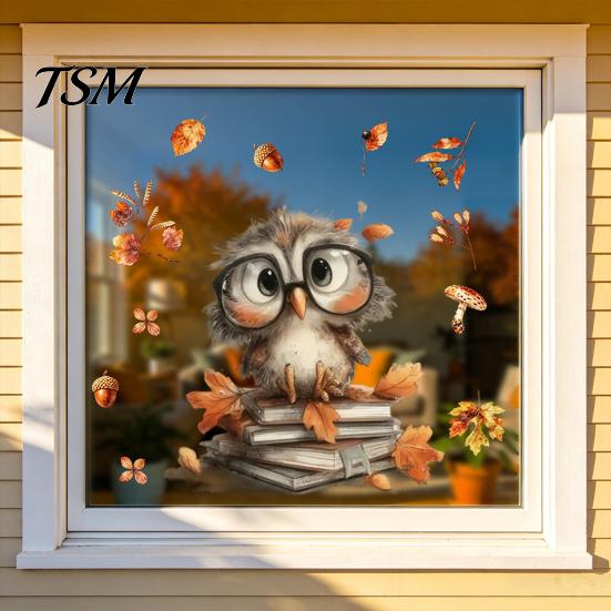 Autumn Pastoral Theme Window Art Static Sticker with Cute Animals & Maple Leaves, Removable Harvest Decals of Forest Festival Clings, Waterproof