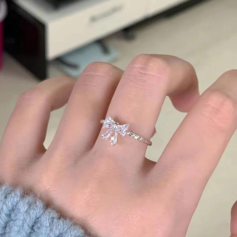 Bague ajustable en zircon brillant de style coréen pour femmes et filles, anneau romantique avec nœud papillon, bijoux simples à offrir