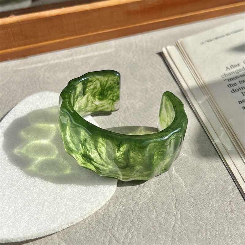 European and American Wave-Shaped Fresh Green Resin Bracelet Irregular Geometric Transparent Resin Bracelet Open Wave Style