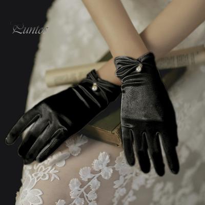 1 Pair Bride Wedding Gloves Pleated Smooth Satin Anti-slip Faux Pearl Decor Elastic Pure Color Dance Ball Banquet Cocktail Party Lady Gloves