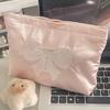 Cute Pink Bow Makeup Bag Pearl Zipper Handbag Toiletry Storage Pouch Bow Embroidery Cosmetic Bag Travel