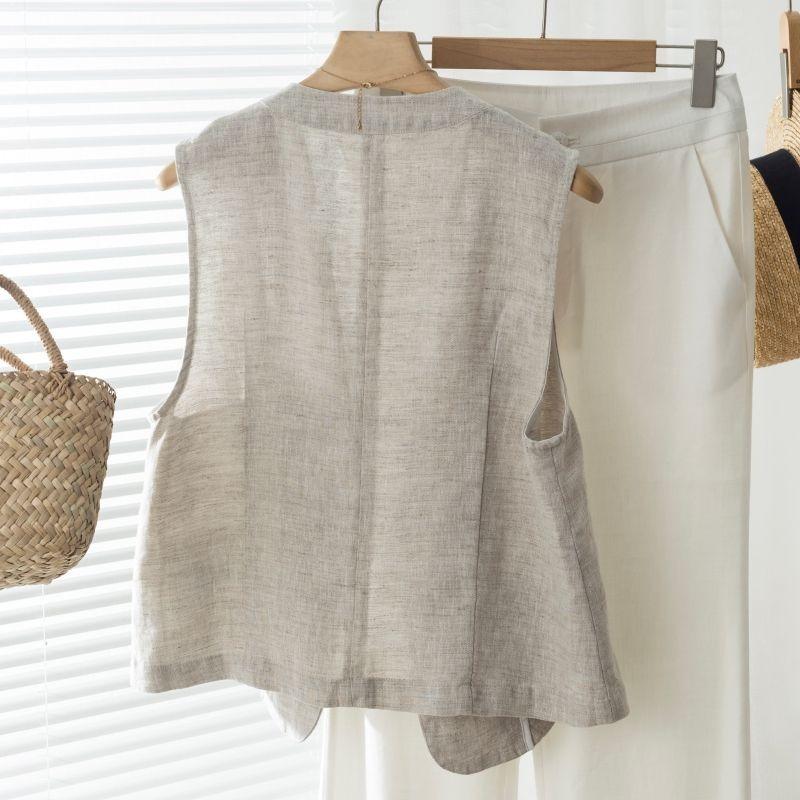 Womens Linen Blend Vest Casual Stand Collar Button Front Sleeveless Top