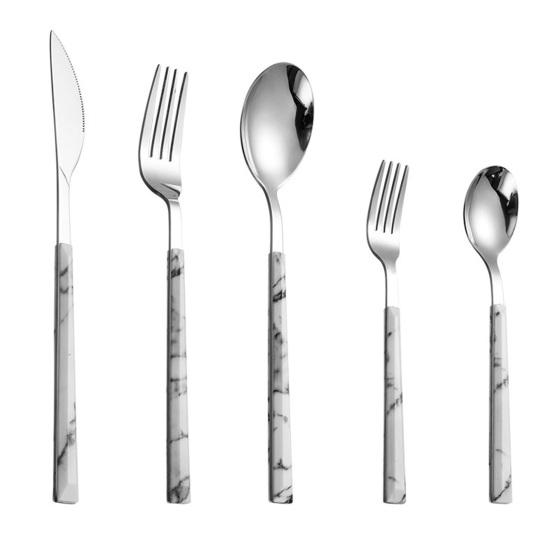 Edelstahl Tafelgeschirr Set 5-teilig Ergonomischer Marmorgriff Besteck Enthält Steakmesser Gabel Löffel Kaffeelöffel Langlebig und Stilvoll für Zuhause Und