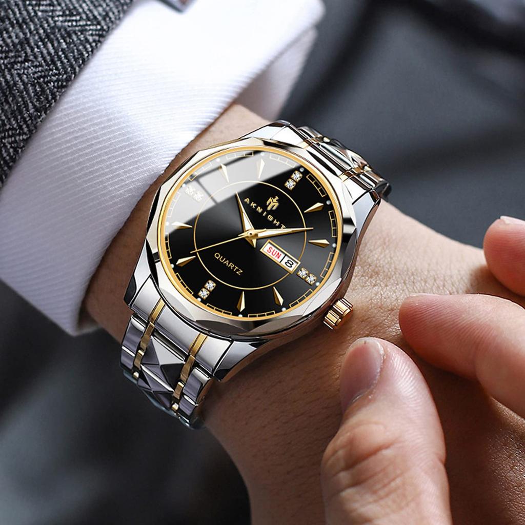 AKNIGHT Men's Watch, Anti-Reverse Bezel, Analog Watch, Stylish Watch, Crystal, Easy-to-Read, Luminous, Wristwatch, Stainless Steel Band, 30m Water