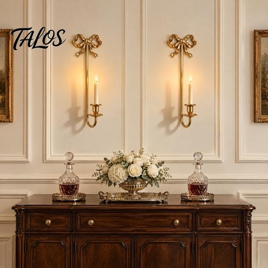 Wall Mounted Candle Holder 2Pcs Holders, Metal French Style Taper Sconces, Retro Home Soft Furnishing Bow with Wax Tray for Living Room Bedroom Dining