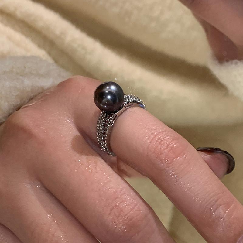 Elegant Korean Style Black Pearl Adjustable Open Finger Ring For Women Fashionable Unique Design J5475