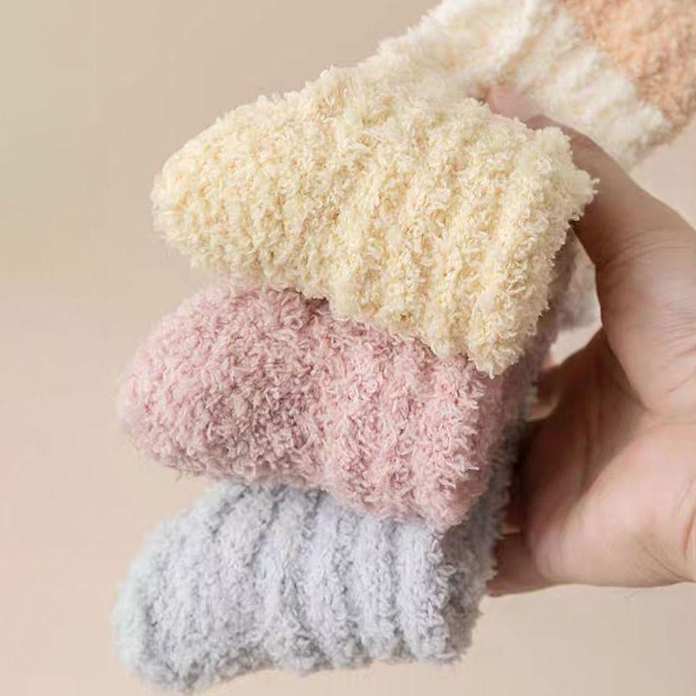 3Pairs Kawaii Thickened Coral Fleece Socks Winter Sleeping Floor Plush Socks Simple Hosiery Mid Tube Socks Women Autumn