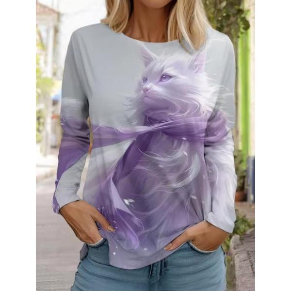 

Весенне-осенние футболки с круглым вырезом и милым кошачьим узором с 3D-принтом, модные повседневные женские футболки с длинным рукавом 5XL