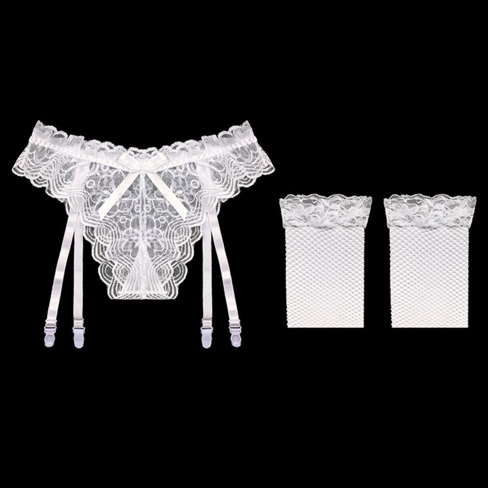 Full Lace Sexy Perspective Garter Stockings Set Ultra-thin Temptation Hot One-piece Garter Panties Women