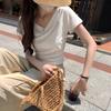 V-neck Short-sleeved T-shirt Women's Summer New Front Shoulder Slim-fitting and Thin Pleated Short Student Solid-color Top Trendy