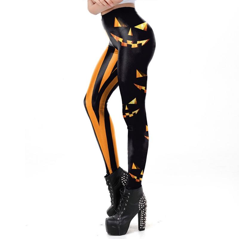 Halloween Carnival New Costume Funny Pumpkin Head Pattern Elastic Leggings Women