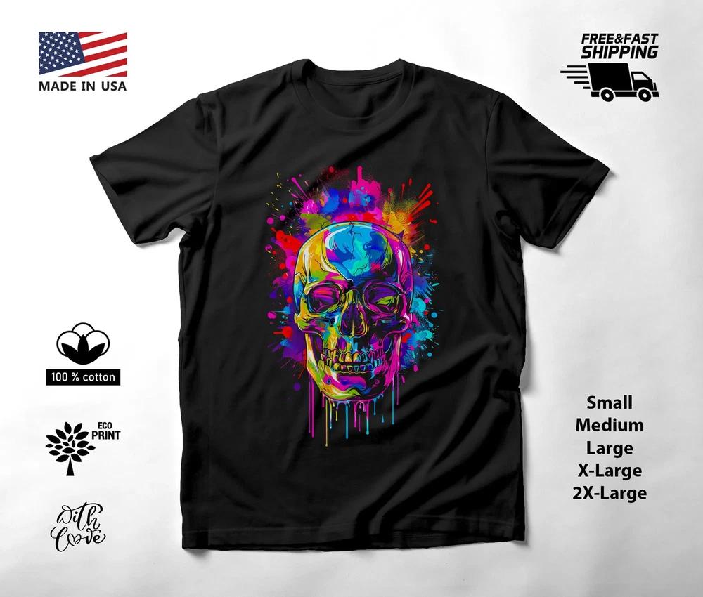 Colorful Skull Neon Graphic T-Shirt Black Unisex S-2XL