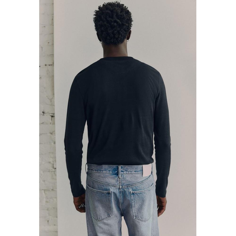 H M Ribbed Linen Blend Henry Top Black
