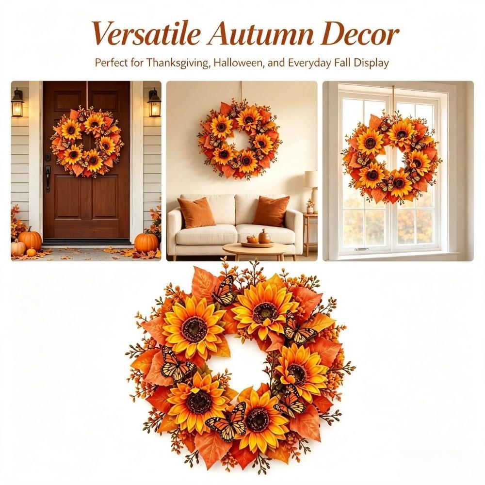Simulated Floral Pumpkin Maple Leaf Wreath Thanksgiving Home Decor Artificial Sunflower Wreath Wall Hanging Rustic Style