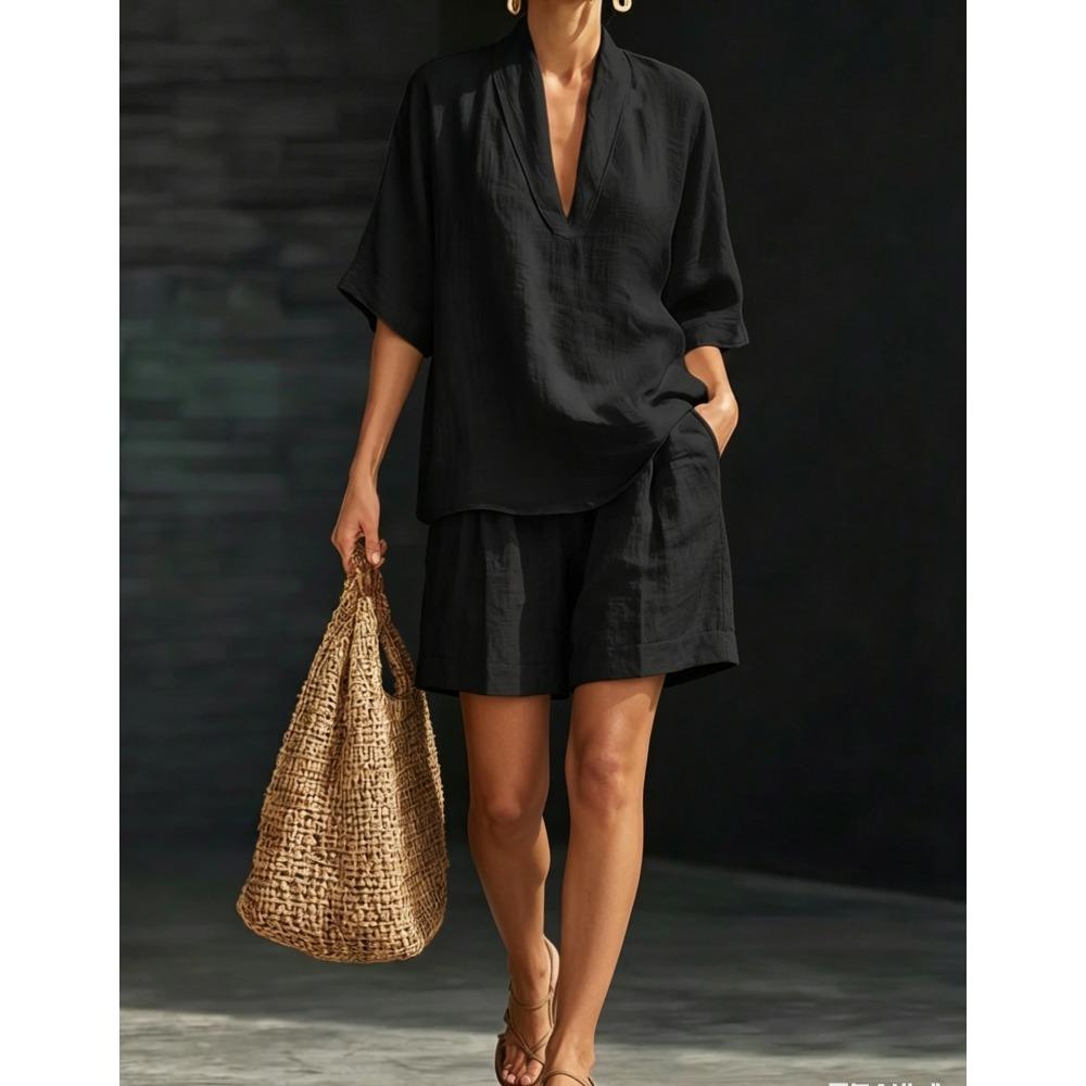 Damen Lässiges V-Ausschnitt Kurzarm Top & Weite Hosen Zweiteiliges Set, Lockeres Entspanntes Outfit für den Sommer