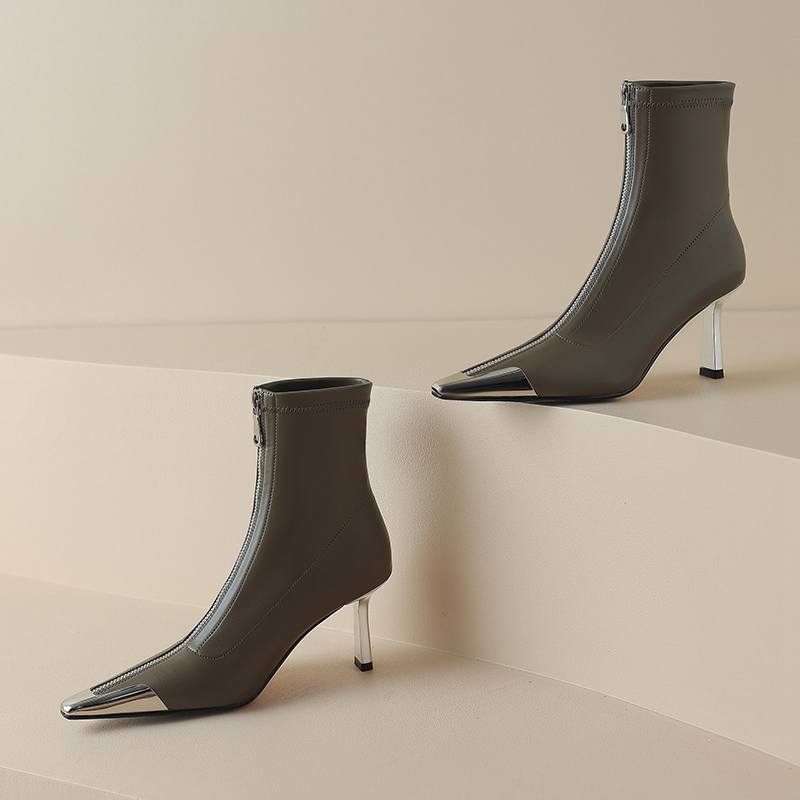 Krazing Pot Microfiber Basic Design Winter Pointed Toe Metal Thin High Heels Modern Boots Women Ankle Boots