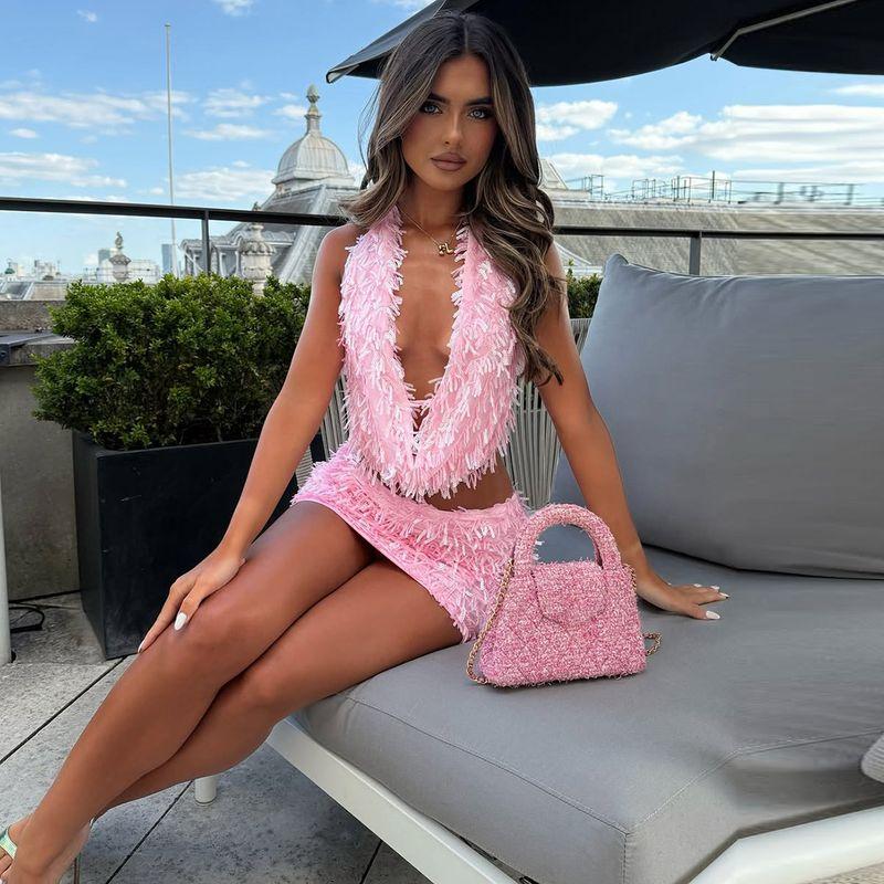 

# Sisjuly# American Gyaru Sequined Bling Swing Collar Beauty Back Hanging Neck Dress Women Feather Stacked Hip Skirt Pink L