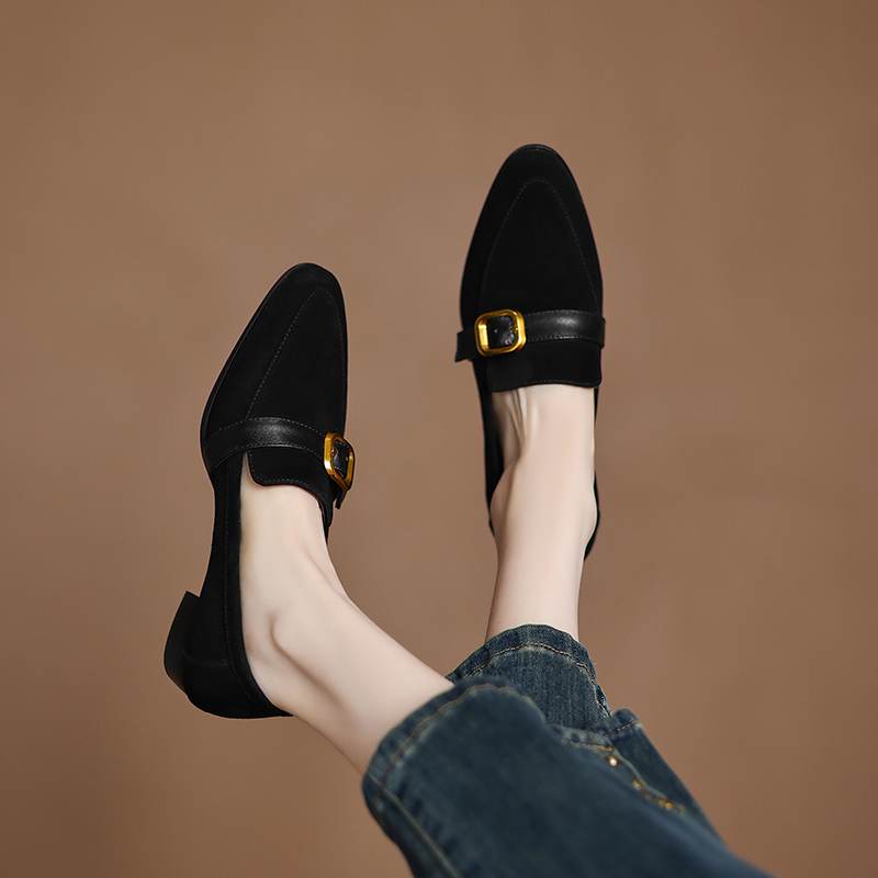 Krazing Pot Sheep Suede Autumn Winter Shoes Metal Buckle Loafers Med Heels Slip on Size 42 Round Toe Slip on Deep Mouth Pumps