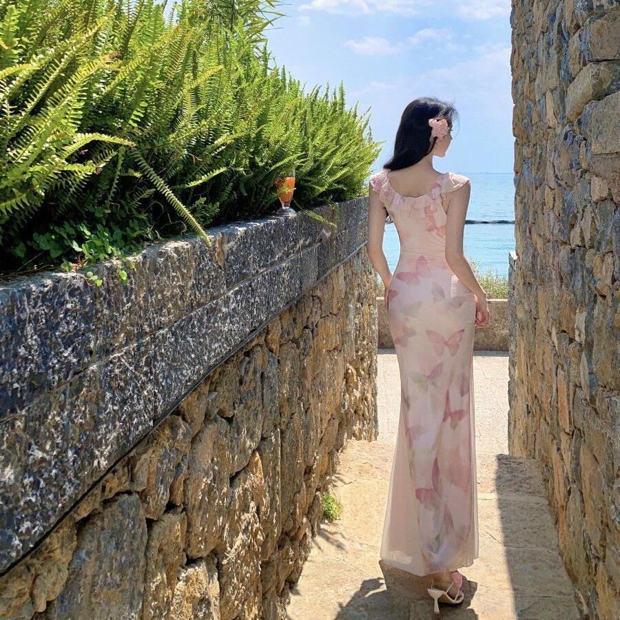 Tea Break French Pink Floral Floral V-neck Spaghetti Strap Dress Is Gorgeous, Stunning Waist-tightening and Hip-hugging Elegant Long Dress