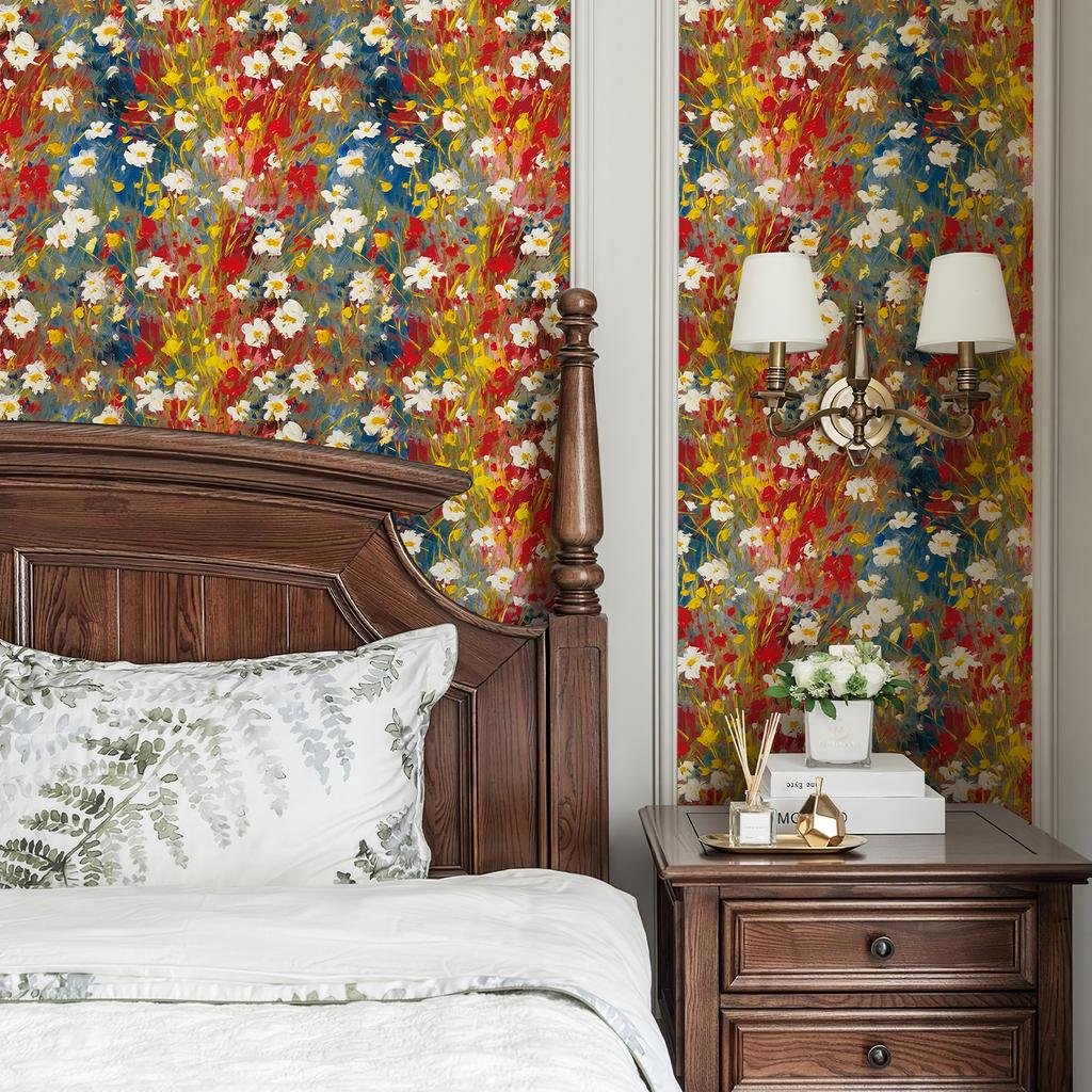 Red Floral Wallpaper Self-Adhesive Waterproof Vinyl Vintage Flower Peel and Stick for Bedroom Living Room Decor