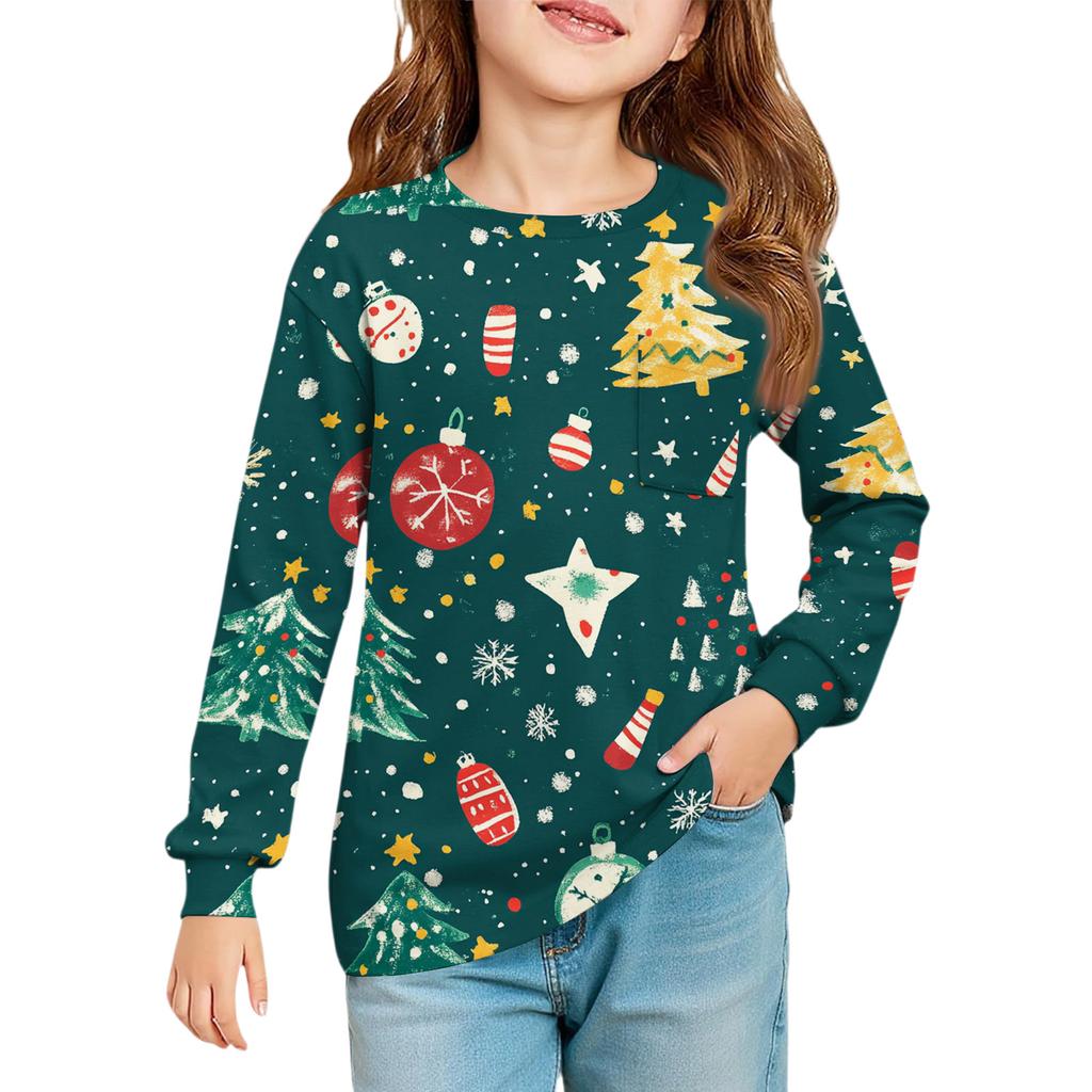 Christmas Day Girls' Long Sleeve Blouse - Round Neck Soft Waist Tunic