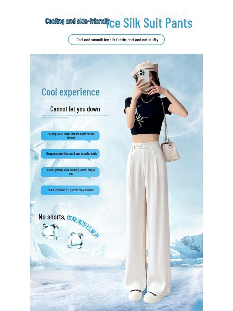 Summer 2026 Chinese Style High Waist Wide Leg Ice Silk Pants for Women