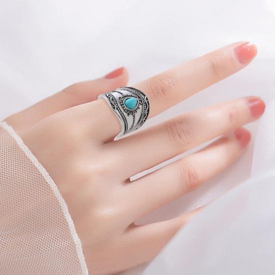 Unisex prsten s umělou tyrkysovou barvou, široký, retro, etnický styl, zakřivený, ručně vyráběný, leštěná slitina, párty, denní nošení, dospělí, šperky na prsty
