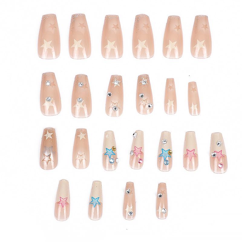 Cloud Stars Wearable Nail Art: Long Pentagram Color Diamond Nail Pieces with Cute Stickers - Finished Product Fake Nails