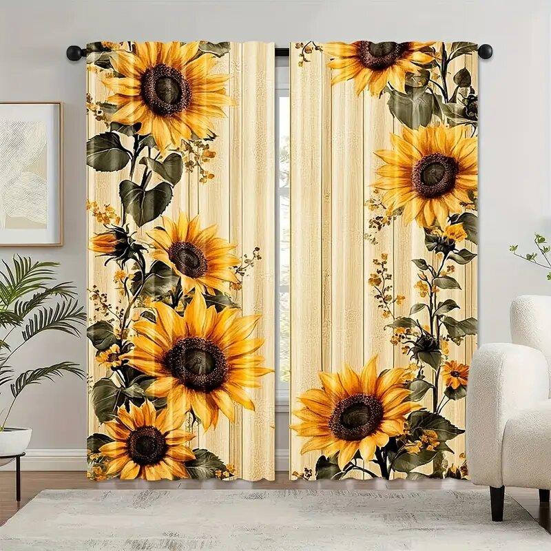Retro Wooden Board Sunflower Pole Bag Curtains Bedroom Kitchen Decoration Home Living Room Curtain Polyester Perfect For Area
