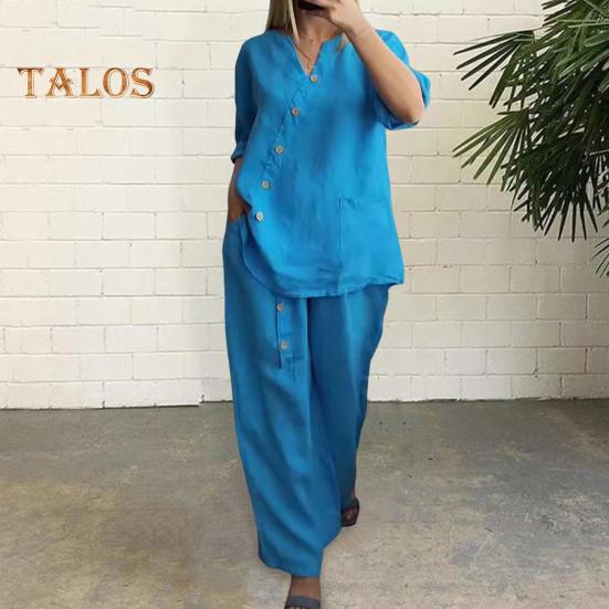 Ensemble chemisier et pantalon 2 pièces, col en V, boutons décoratifs, manches trois-quarts, haut, jambe large, taille élastique, pantalon OL, tenue décontractée pour la maison
