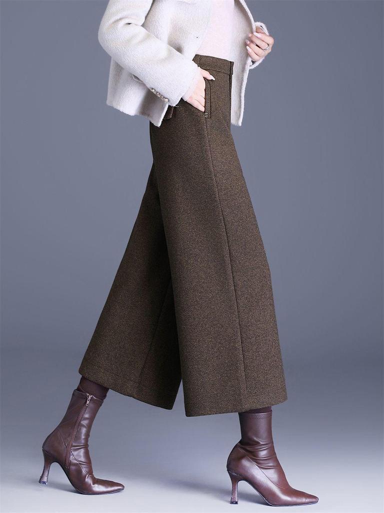Women's High-Waist Winter Wool Wide-Leg Pants, Thickened Drape, 2025 New Petite 9/10 Length Straight-Leg
