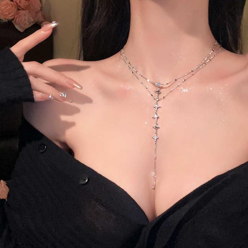 Star Zircon Double-layer Fringed Pull-out Necklace, Personalized Design Sense, Versatile Collarbone Chain, Light Luxury Necklace, Women