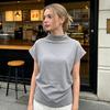T-shirt da Donna Collo Alto Maniche a Pipistrello Corte con Arricciatura Laterale Pullover Colore Puro Ampio