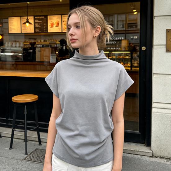 T-shirt da Donna Collo Alto Maniche a Pipistrello Corte con Arricciatura Laterale Pullover Colore Puro Ampio