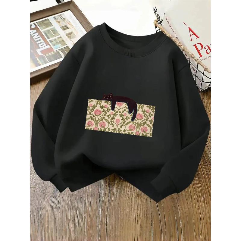 Girls' Crewneck Sweatshirt - Pink Flowers Green Leaves Black Cat Machine Washable, Spring And Autumn, Sportswear And Casual Wear