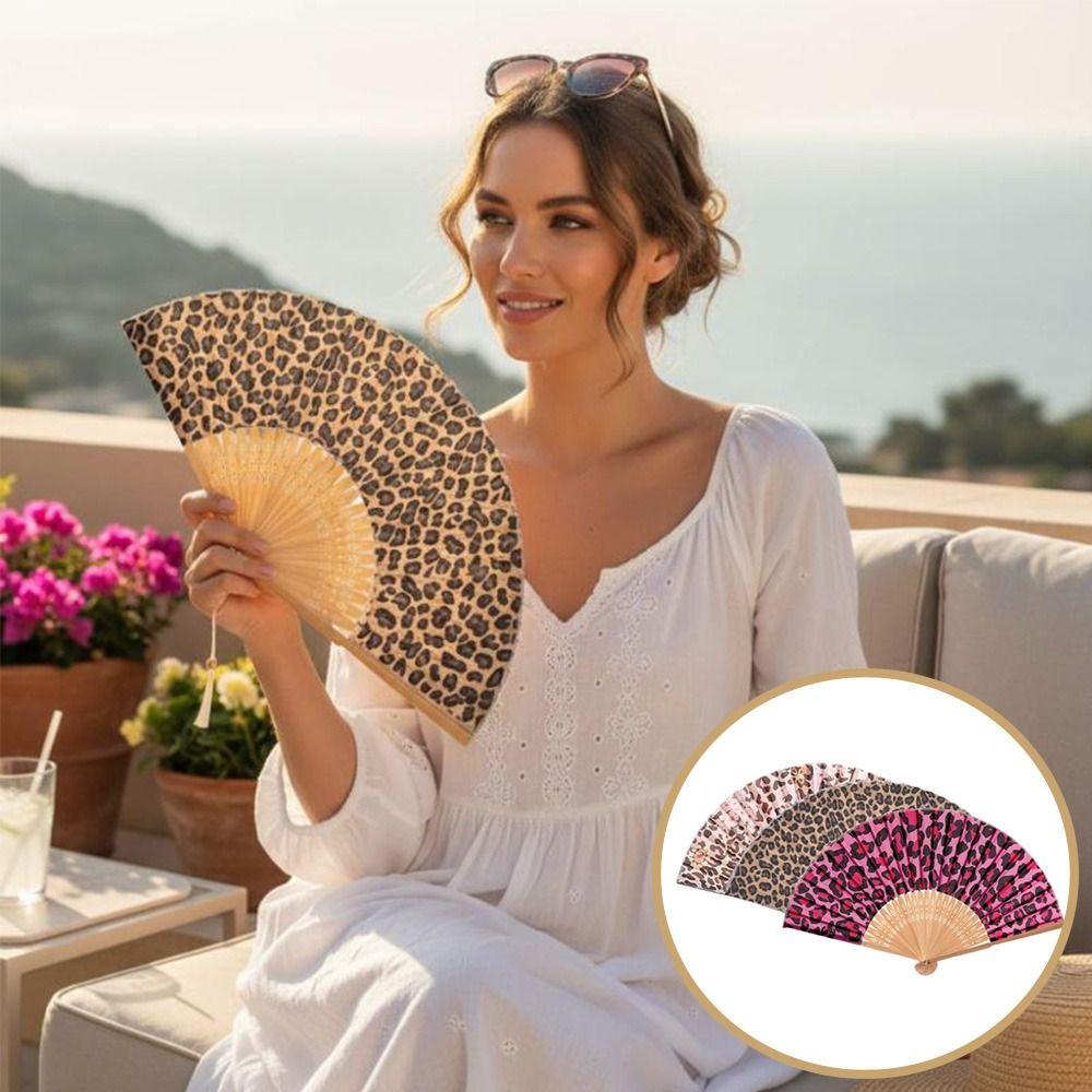 Stylish Leopard Leopard Print Folding Fan Foldable Dance Hand Fan Women Fashion Accessory
