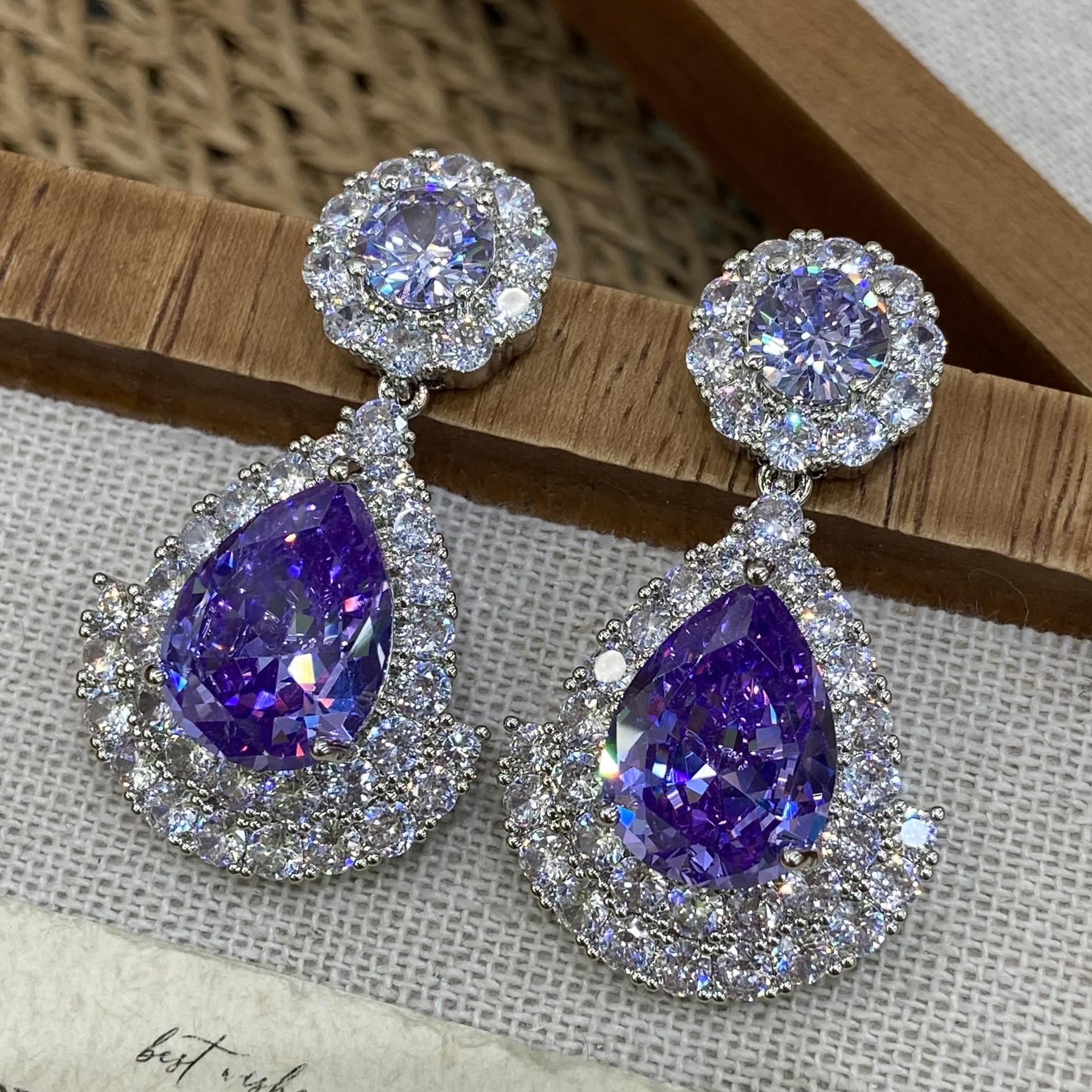 Luxury Purple Crystal Necklace Earrings Set Women S Zircon Premium Evening Dress Banquet Accessories