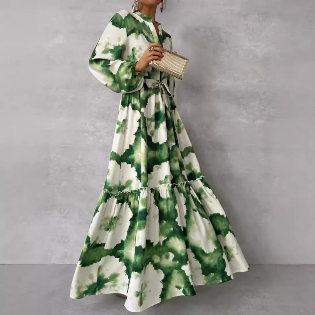 LYRIA Summer Elegant Women Maxi Dresses Fashion Green Print Long Sleeve V Neck Waist Adjustment Long Dress Female Party Vestido