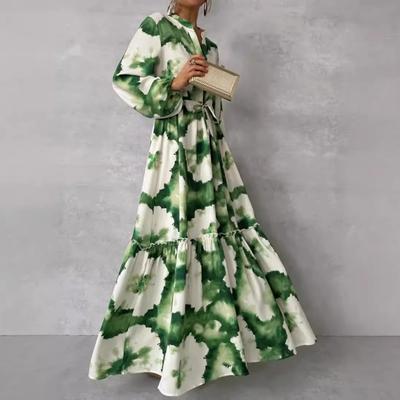 Summer Elegant Women Maxi Dresses Fashion Green Print Long Sleeve V Neck Waist Adjustment Long Dress Female Party Vestido