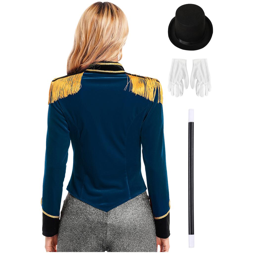 Women Ringmaster Costume Long Sleeve Jacket Stand Collar Fringe Shoulder Boards Golden Trim Hat Gloves Magic Set