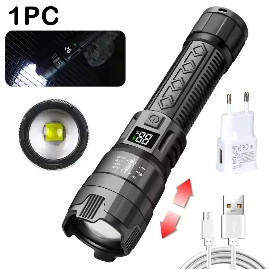 High Power Led Flashlight USB Rechargeable Torch with Display Zoomable Light with Battery Camping Hiking Lantern Emergency Lamp