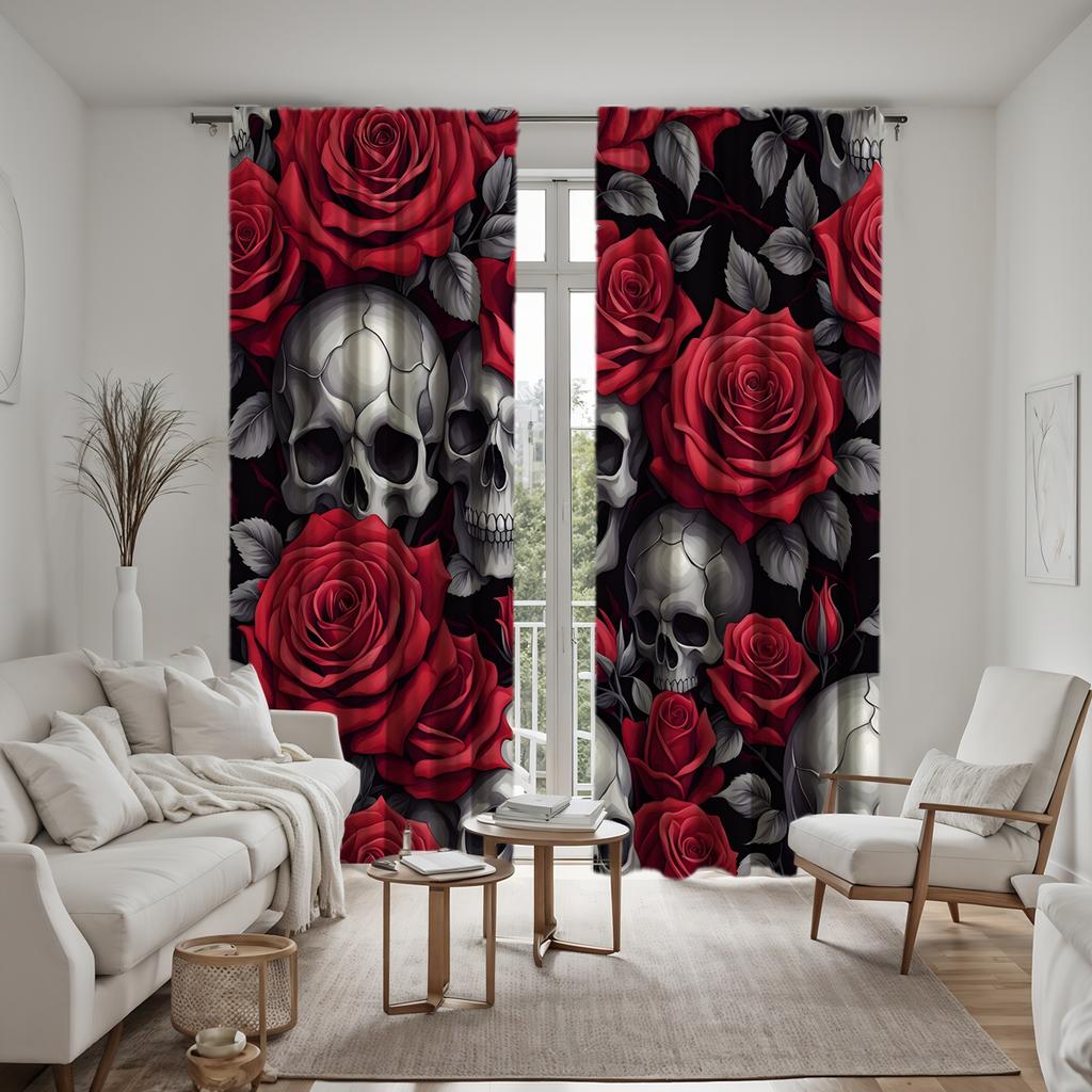 2pcs HD Skull Rose curtain Red tie digital printed curtain Home Decoration style Decorate living room bedroom Wear rod curtai