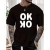 European Size Men's Oversized OK Letter Print T-Shirt - Beige with White Bold OK Lettering, Round Neck Short Sleeve Summer Casual Tee,Everyday Shirt