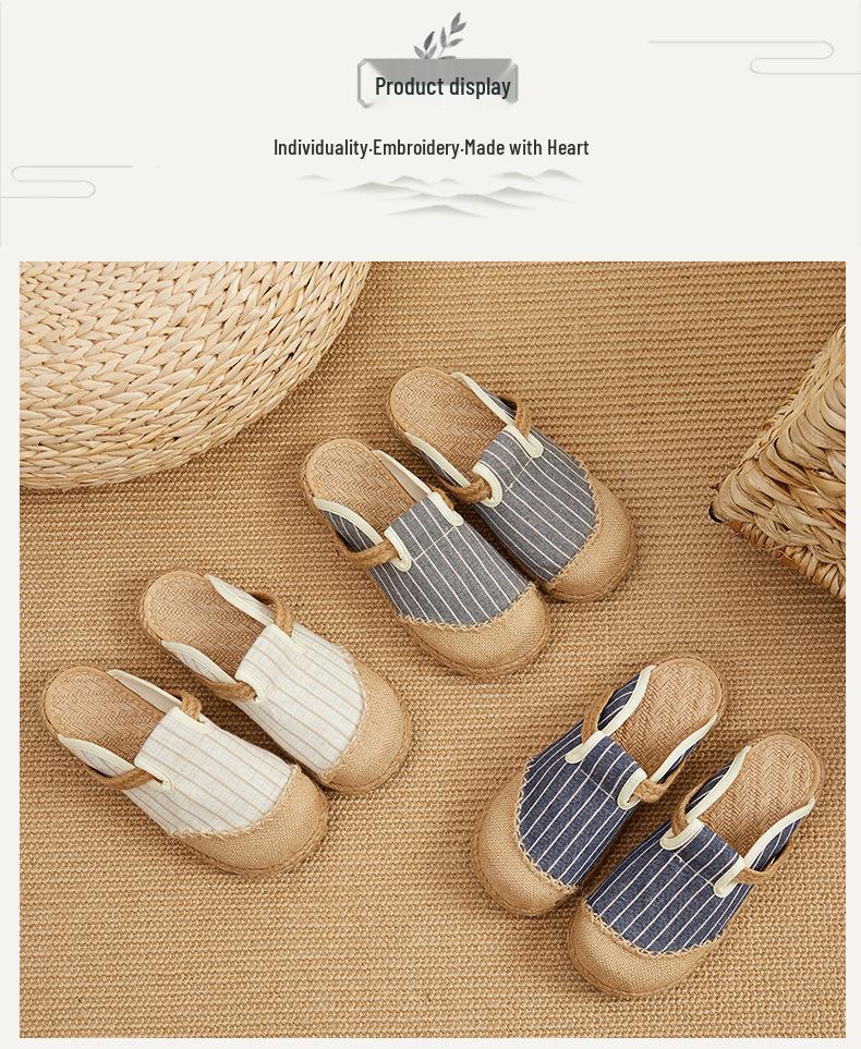 Women’s Ethnic Style Striped Cotton-Linen Slippers for Indoor/Outdoor Use