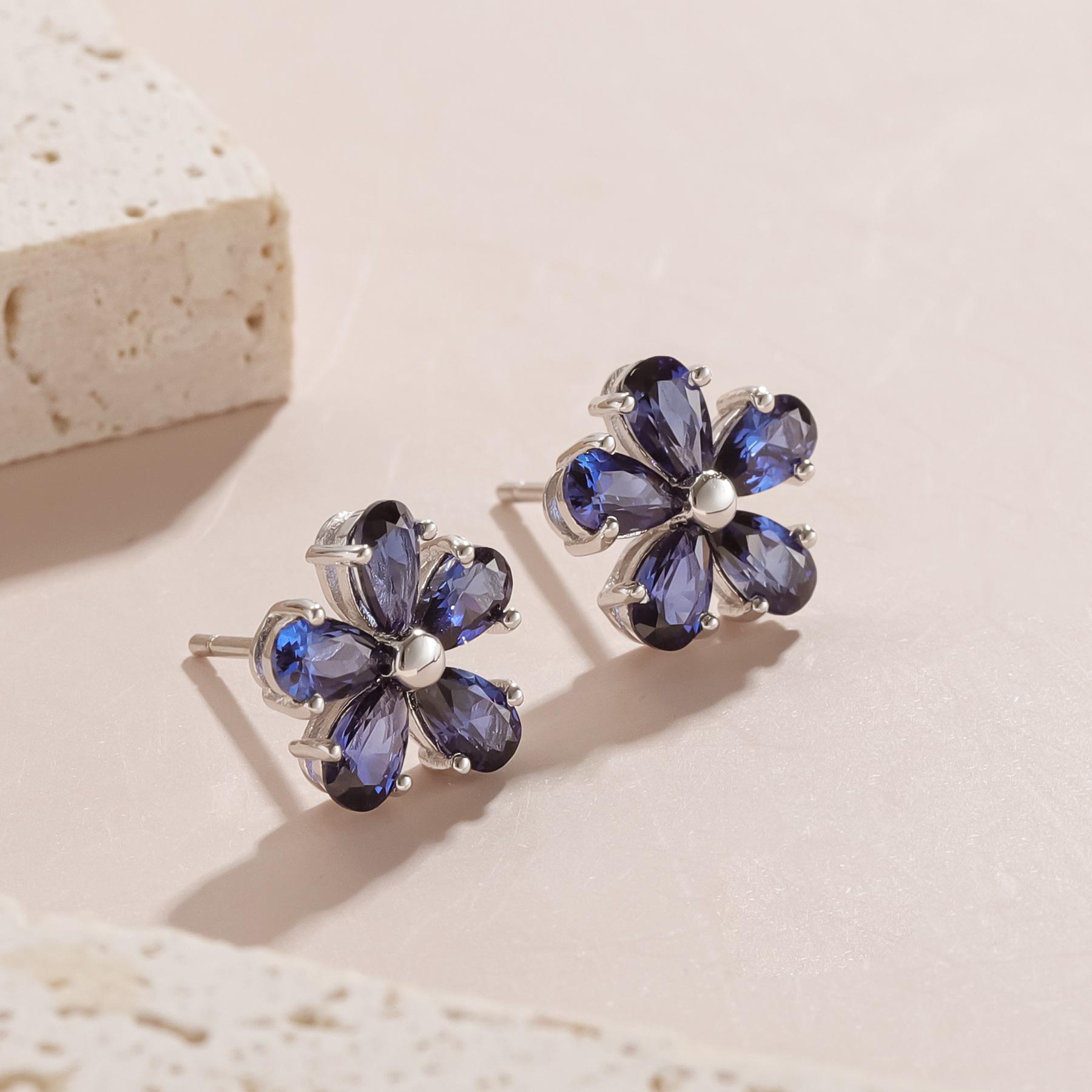 Five-Petal Flower Stud Earrings Premium S925 Sterling Silver Inlaid Cultured Sapphire Royal Blue Stud Earrings