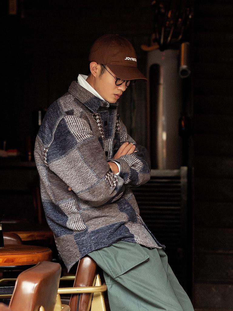 Fashion Long Sleeve Shirt Autumn Clothes Retro Switching Design Thick Patchwork Tweed Check Outerwear [CHANGE WELL] Men's Spring/Autumn/Winter