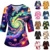 Women Nurse Scrub Top Halloween Print V Neck Side Slit 3/4 Sleeve Medical Uniform with Front Pockets Comfortable Fit
